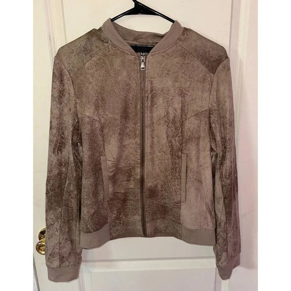 BNCI by Blanc Noir Women's Distressed Faux Suede Jacket Varsity Brown Zip Sz L - Picture 1 of 6